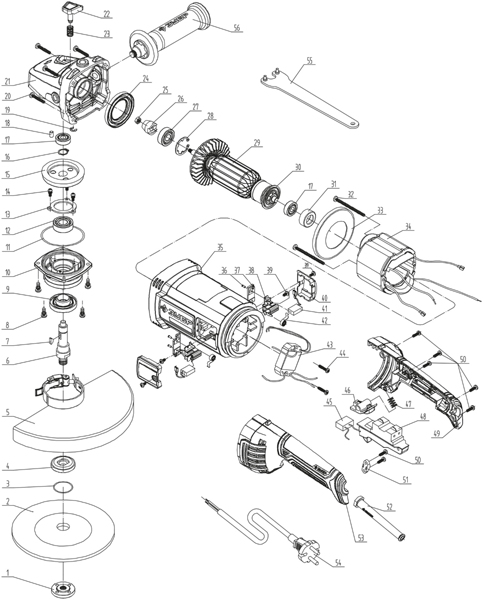 ЗУБР 2600 Вт, d230 мм, УШМ, Профессионал (УШМ-П230-2600 П) - посмотреть вариант разборной схемы